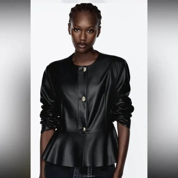 Zara Womens Moto Jacket M Black Faux Leather Peplum Ruffle 3046/181 NWT - Picture 1 of 14